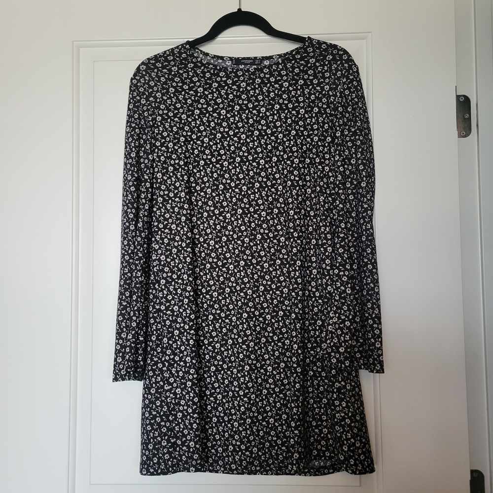 Mango Black and White Floral Long Sleeve Dress